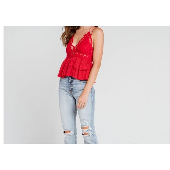 Free People Adella Cami Cherry Red Lace Ruffled Tank Top Size Small NWT - Picture 4 of 6